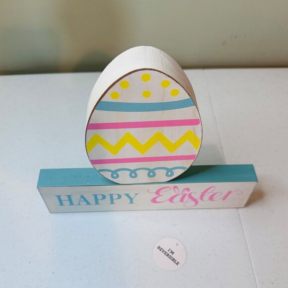 Happy Spring Happy Easter decoration 2 pieces reversible wood blocks display - Picture 16 of 16